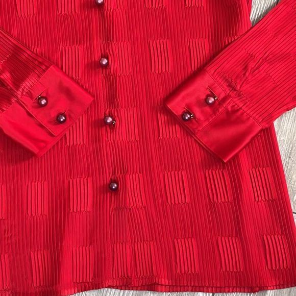 Red Silky Textured Long Sleeve Button Shirt - Picture 8 of 16